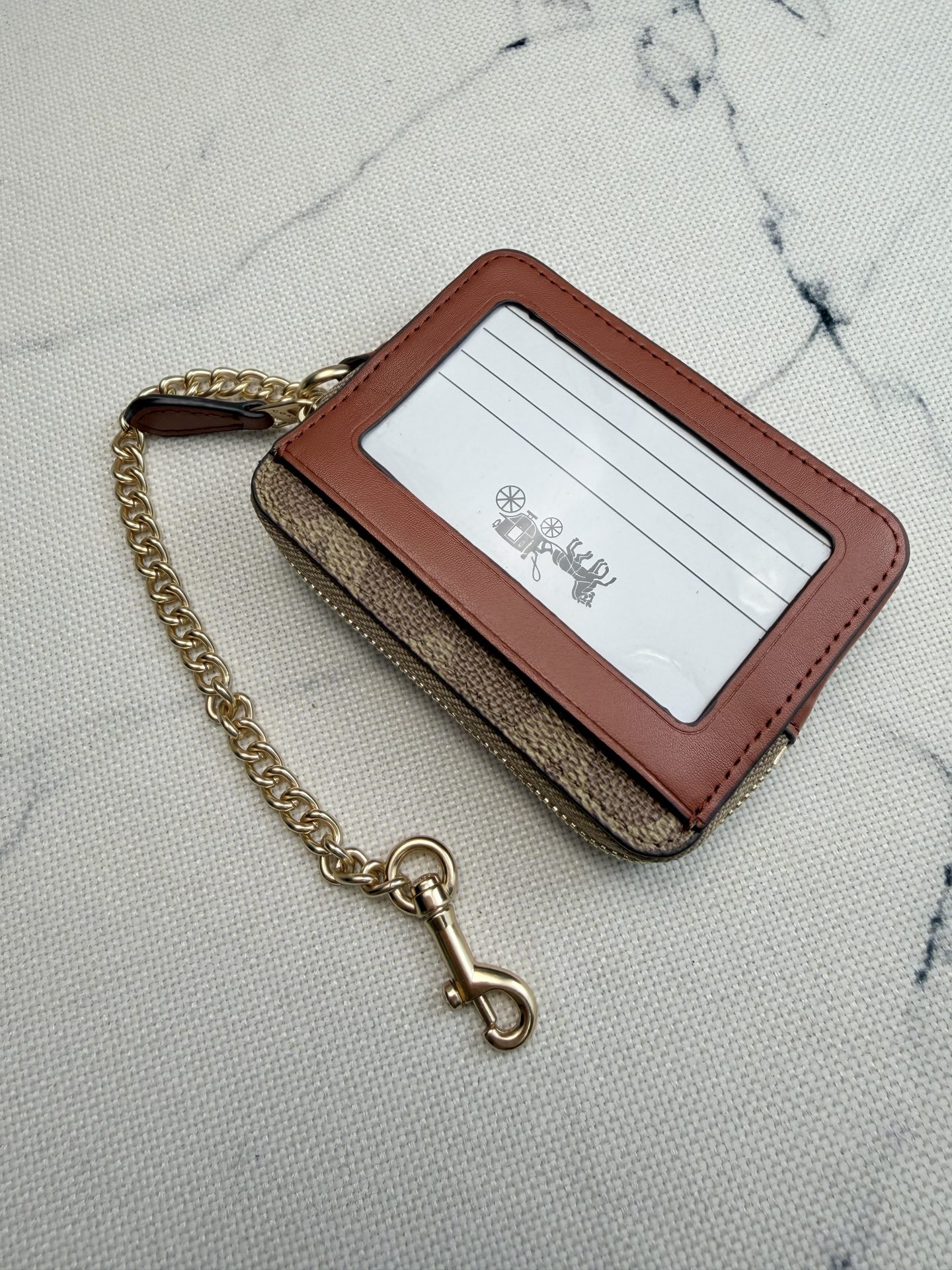 Coach Coach链条卡包CA037棕色皮革拼 老花+金属链条