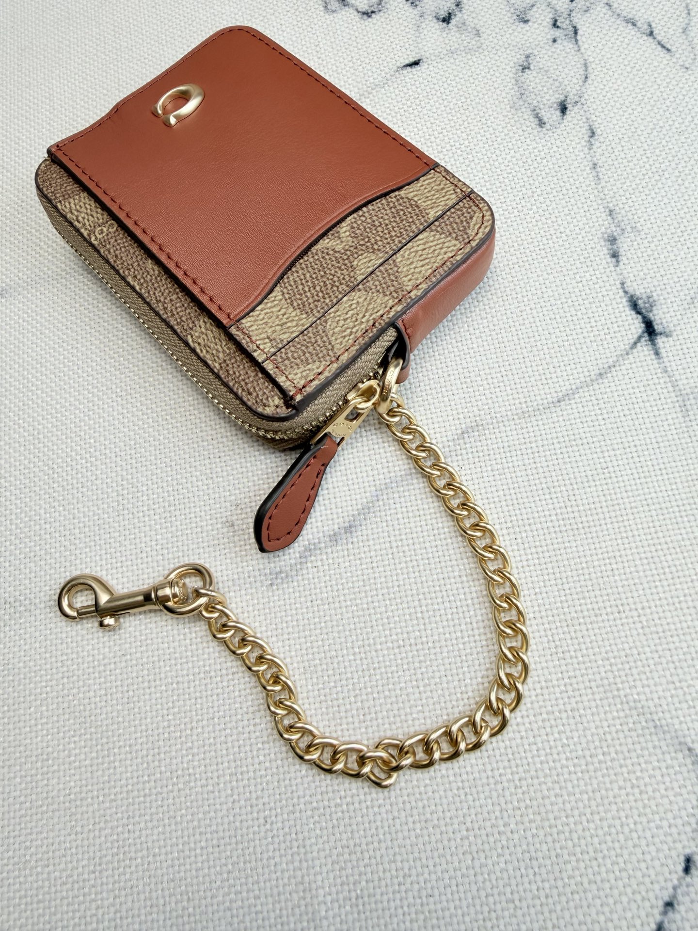 Coach Coach链条卡包CA037棕色皮革拼 老花+金属链条