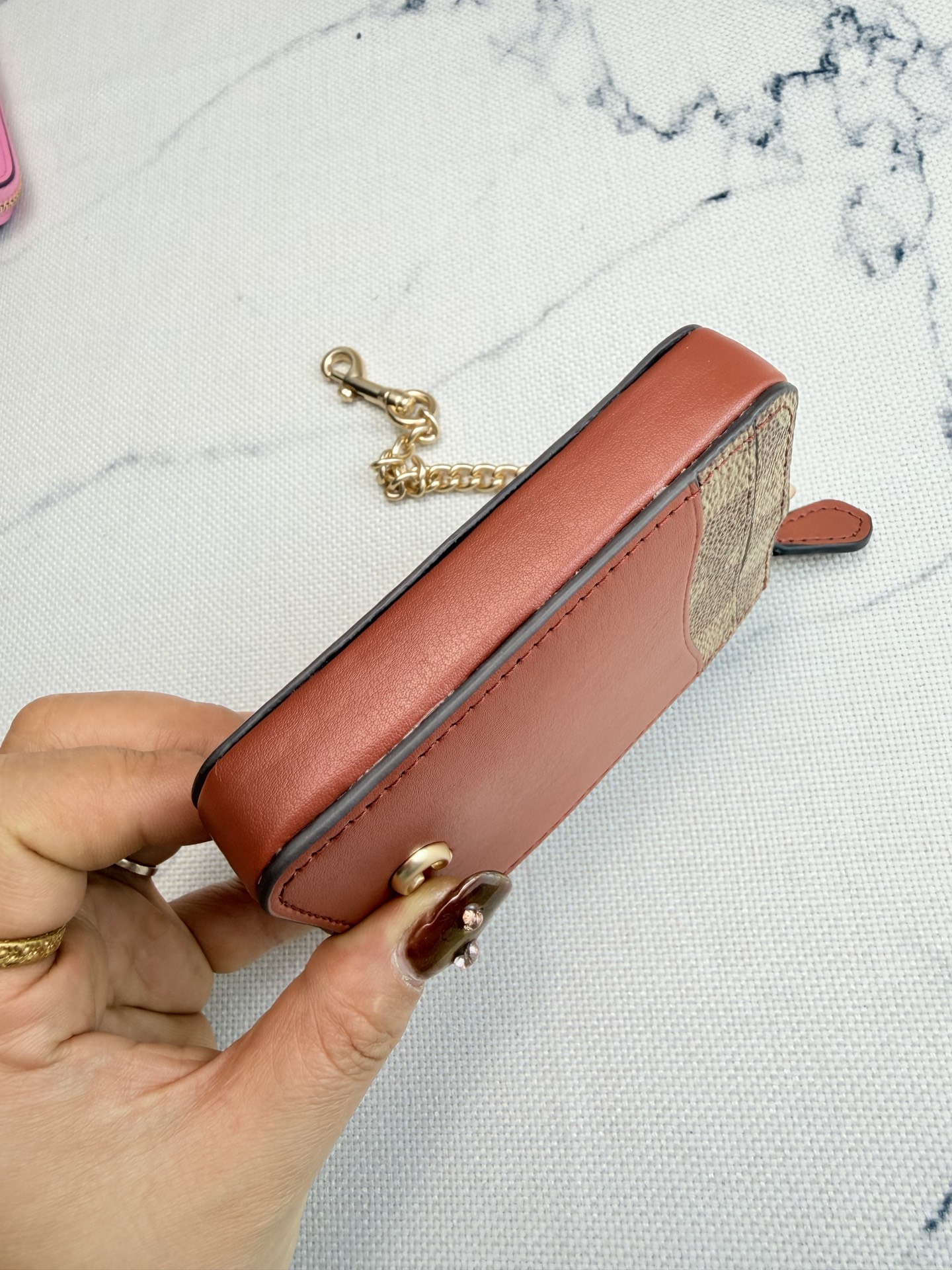 Coach Coach链条卡包CA037棕色皮革拼 老花+金属链条