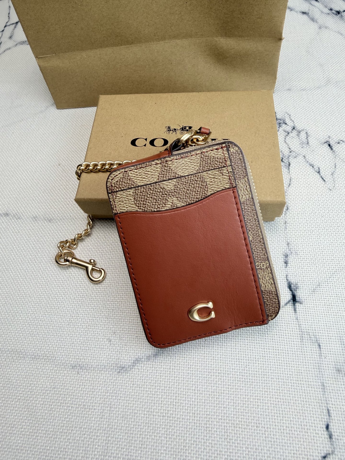 Coach Coach链条卡包CA037棕色皮革拼 老花+金属链条
