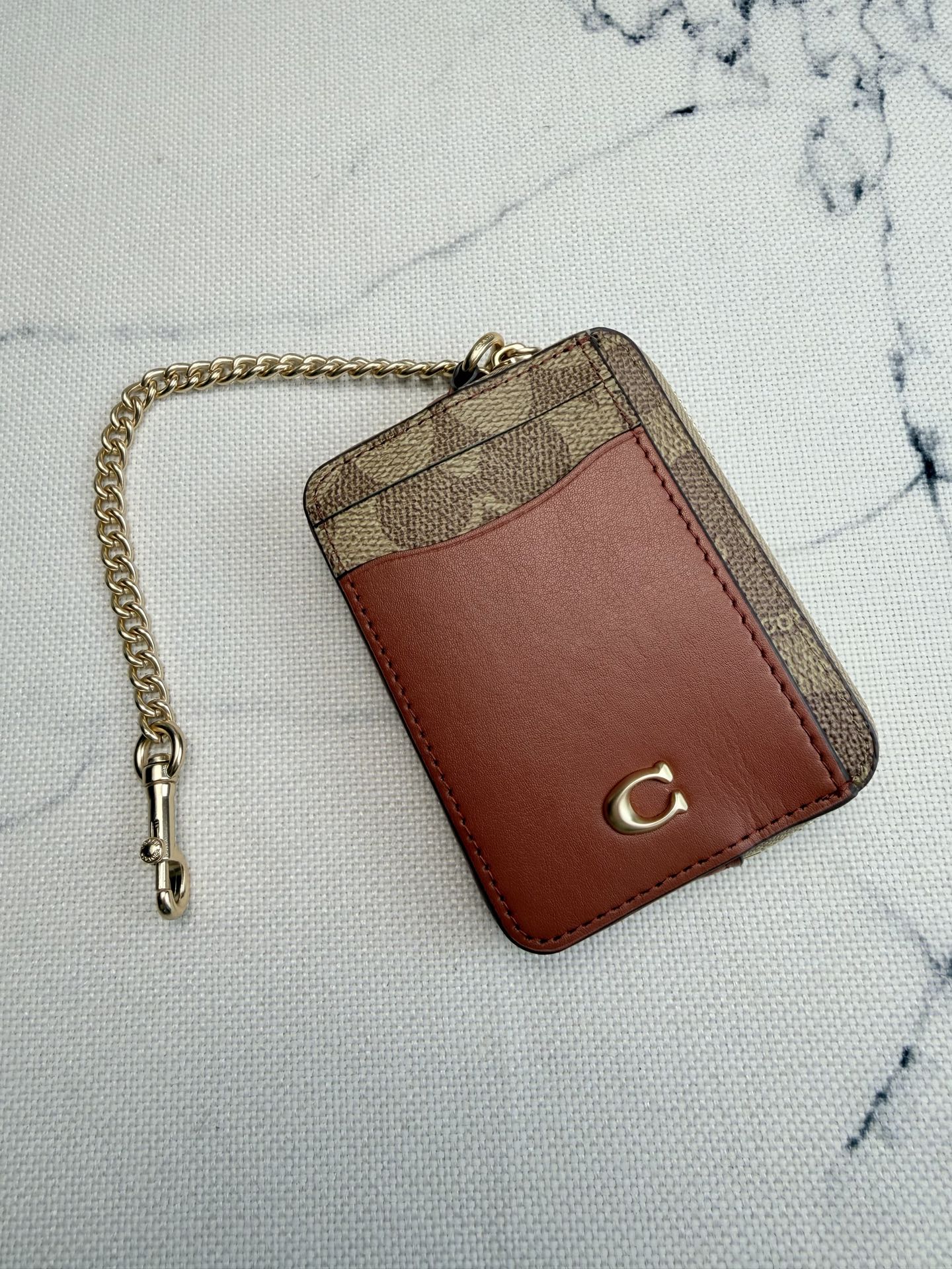 Coach Coach链条卡包CA037棕色皮革拼 老花+金属链条