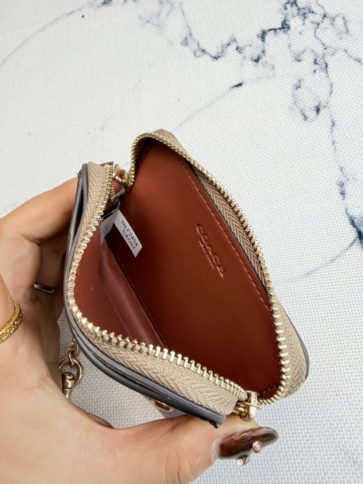 Coach Coach链条卡包CA037棕色皮革拼 老花+金属链条