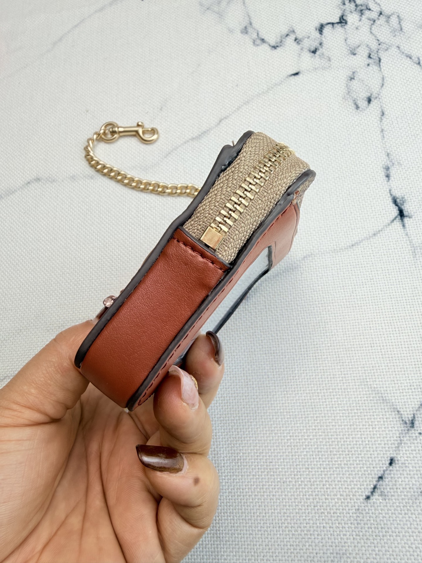 Coach Coach链条卡包CA037棕色皮革拼 老花+金属链条
