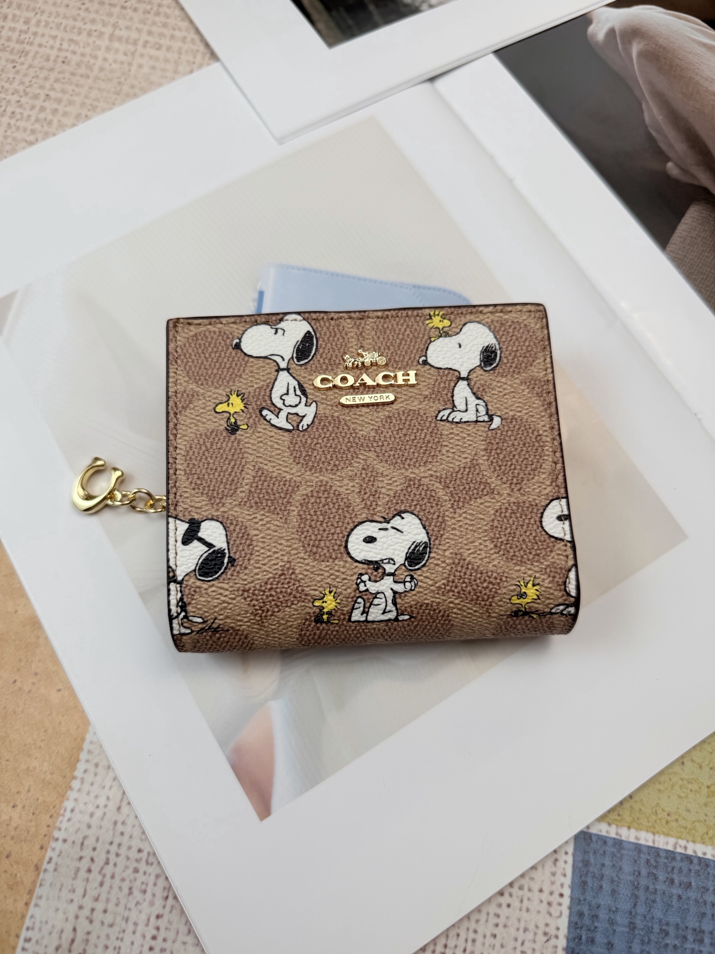 Coach Coach和Snoopy联名C4591卡包 棕色老花帆布+卡通图案短款拉链小钱包