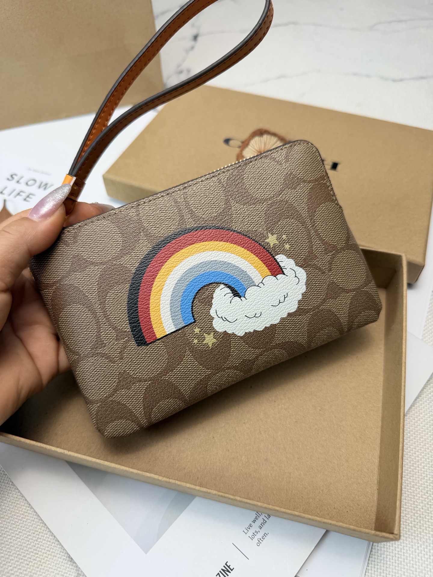 Coach 棕色老花帆布+彩虹刺绣 童趣又活力满满 使用了YKK拉链开合 手腕袋长度16cm