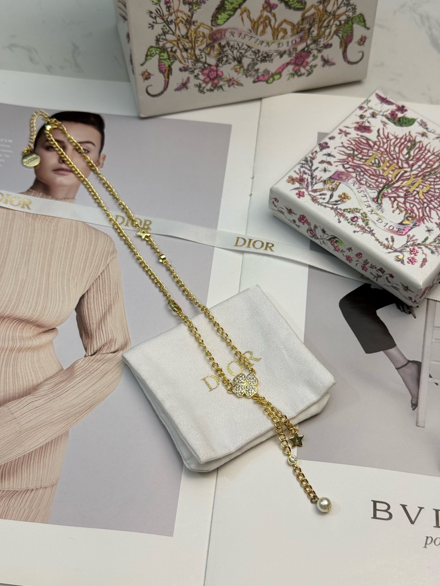 dior gold star pearl drop lariat necklace
