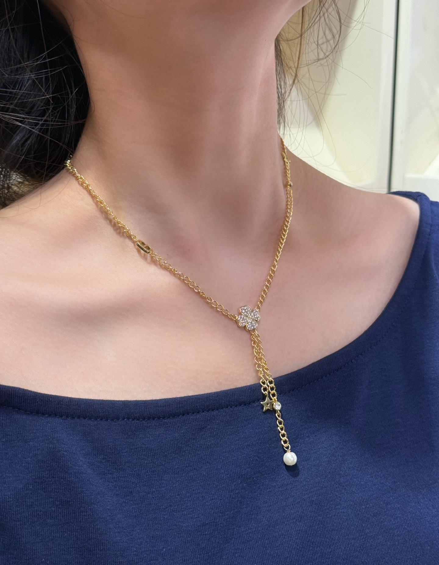 dior gold star pearl drop lariat necklace