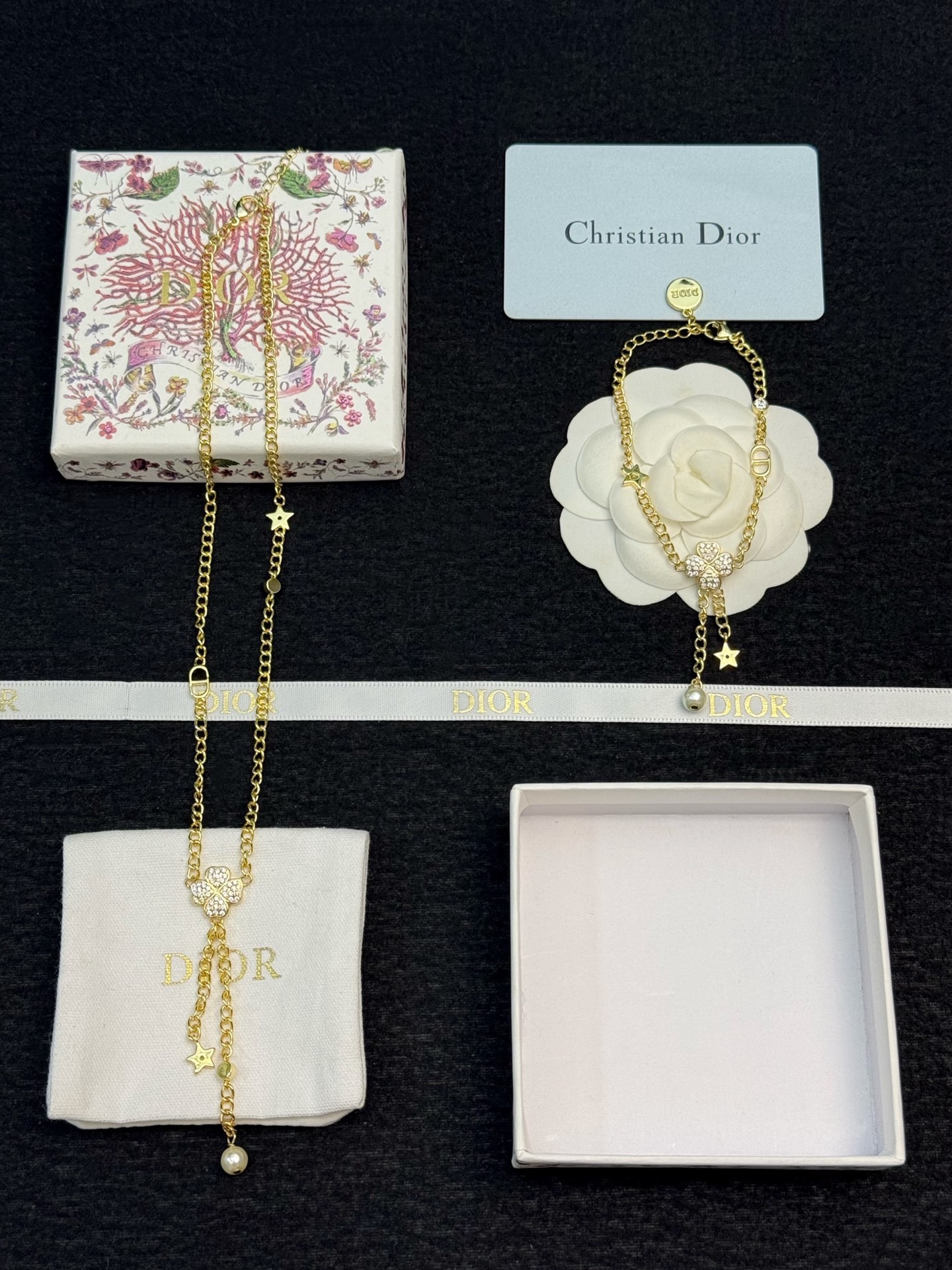 dior gold star pearl drop lariat necklace