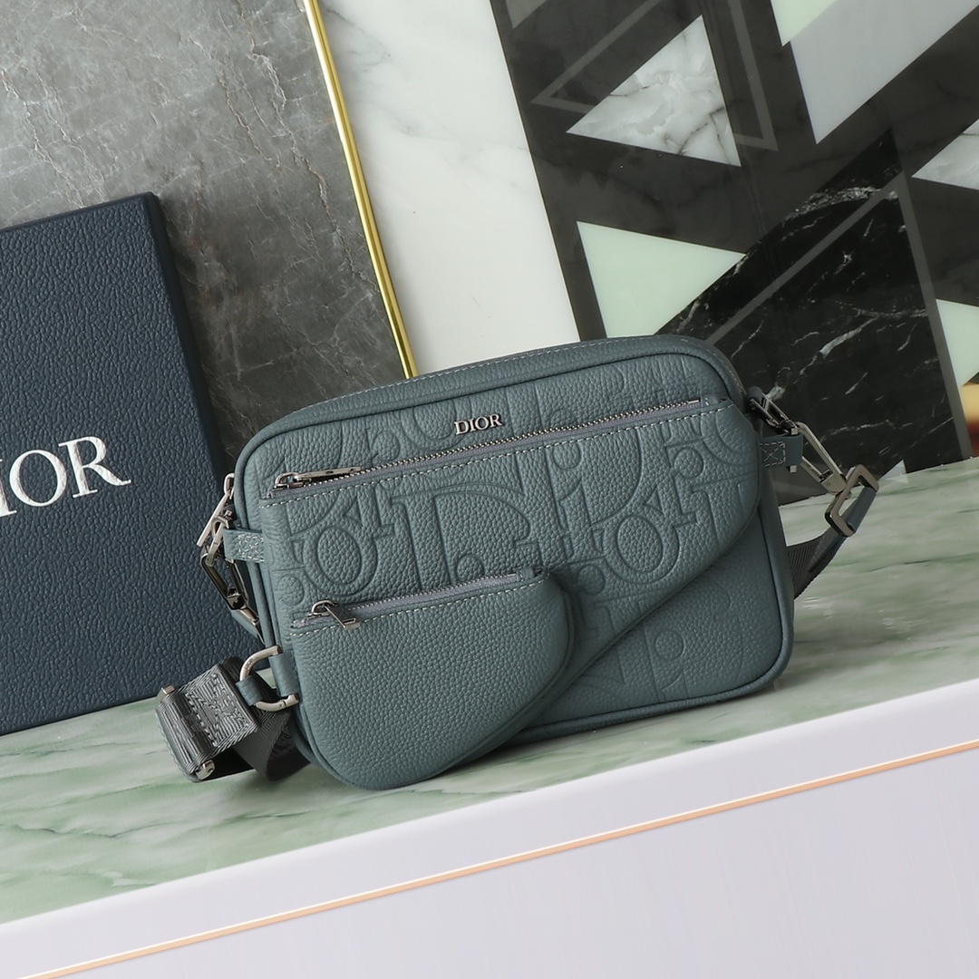 Bolso silla de montar de tres piezas en piel con efecto Dior Gravity gris oscuro y piel de becerro grano gris…