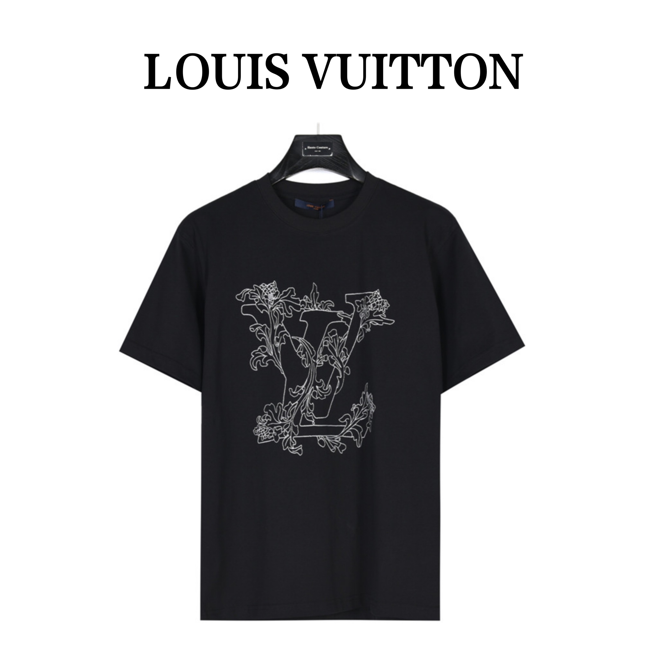 Louis Vuitton/路易威登 花卉大logo刺绣短袖T恤 胸口银色花卉Logo图案刺绣