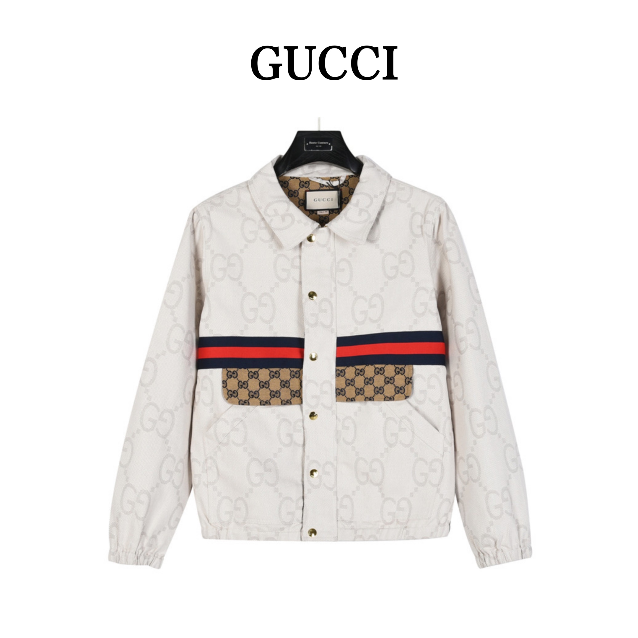 支持发放店） Gucci/古驰 双G满印提花拼接象牙白牛仔外套