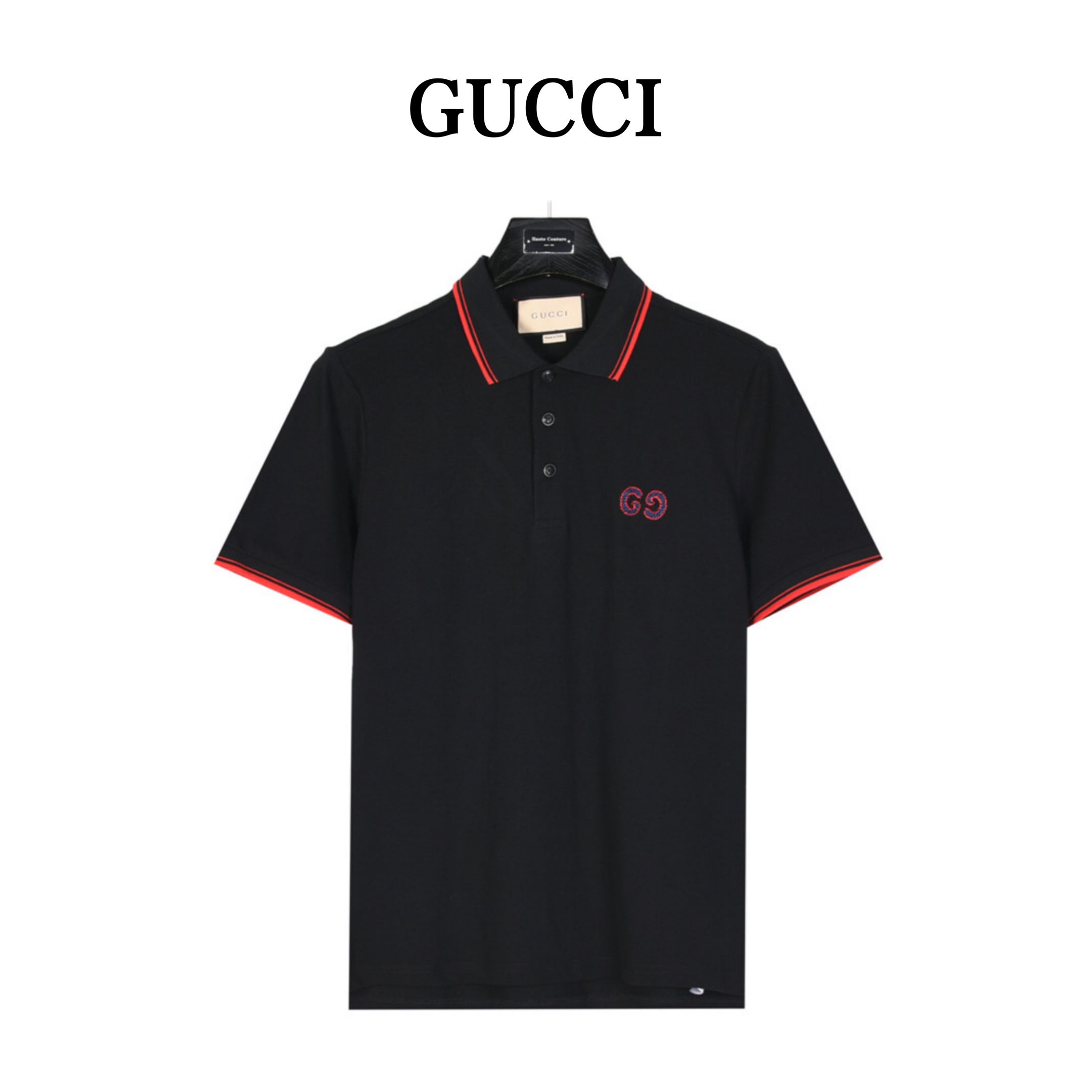 Gucci/古驰24ss 双G刺绣黑红条纹短袖Polo衫