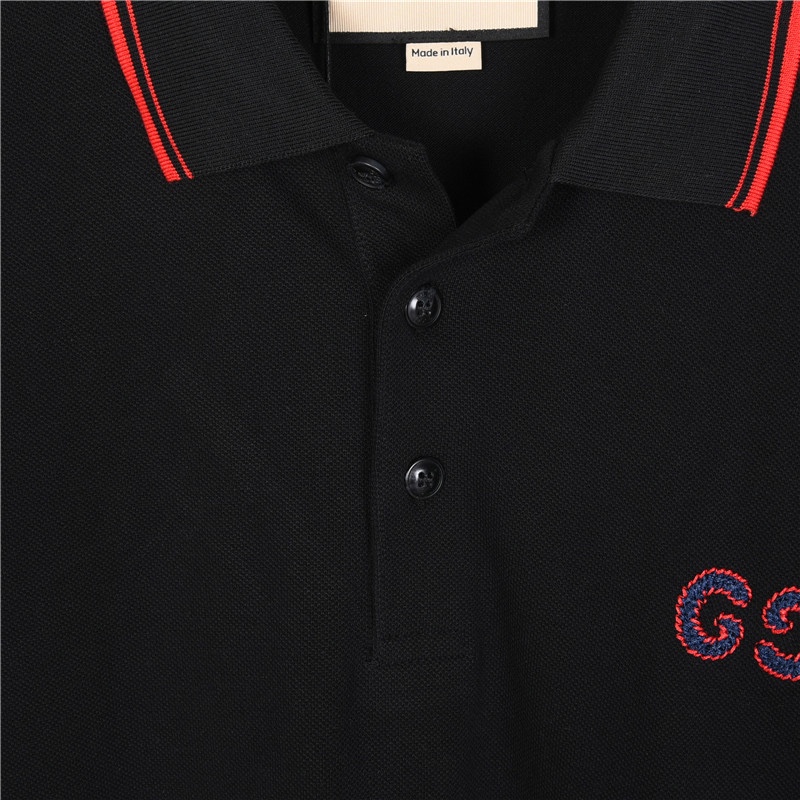 Gucci/古驰24ss 双G刺绣黑红条纹短袖Polo衫