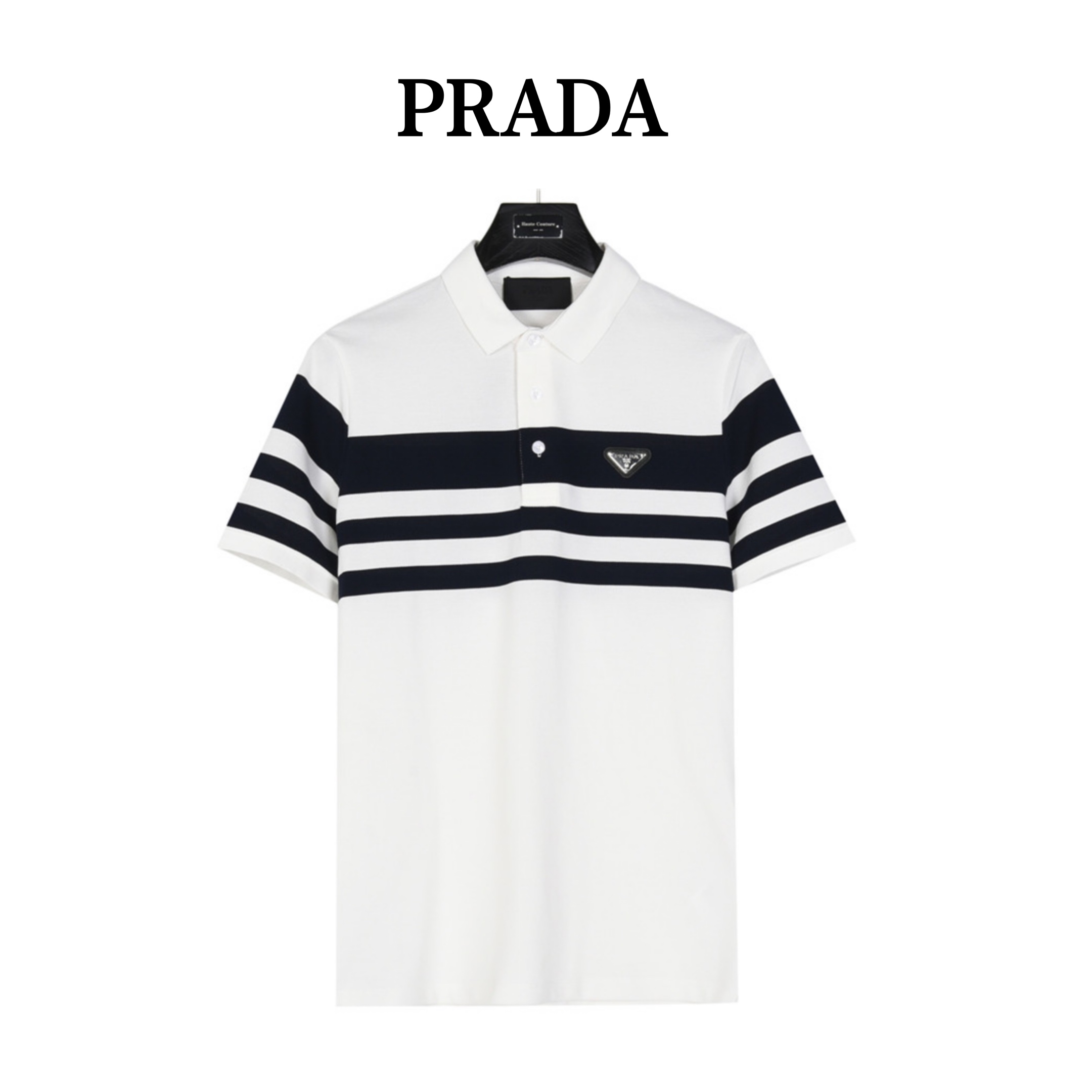 Prada/普拉达 横条拼接Polo短袖 胸前经典黑白横条拼接设计