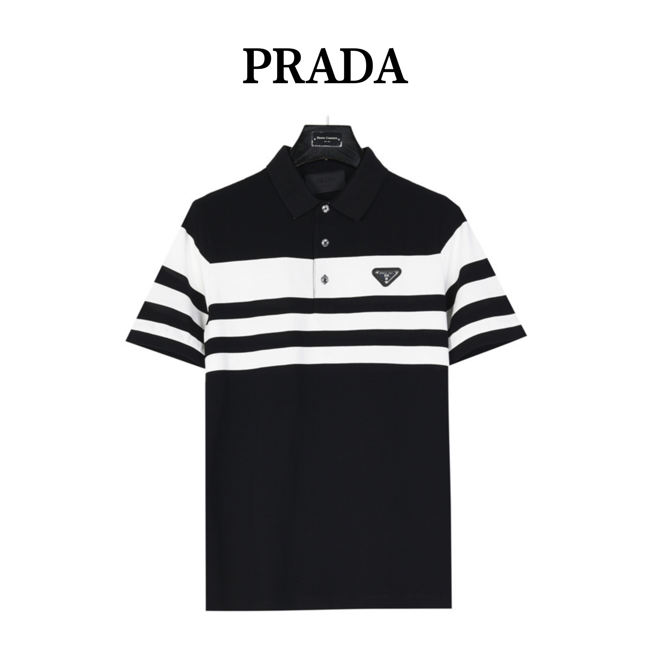 Prada/普拉达 横条拼接Polo短袖 胸前经典黑白横条拼接