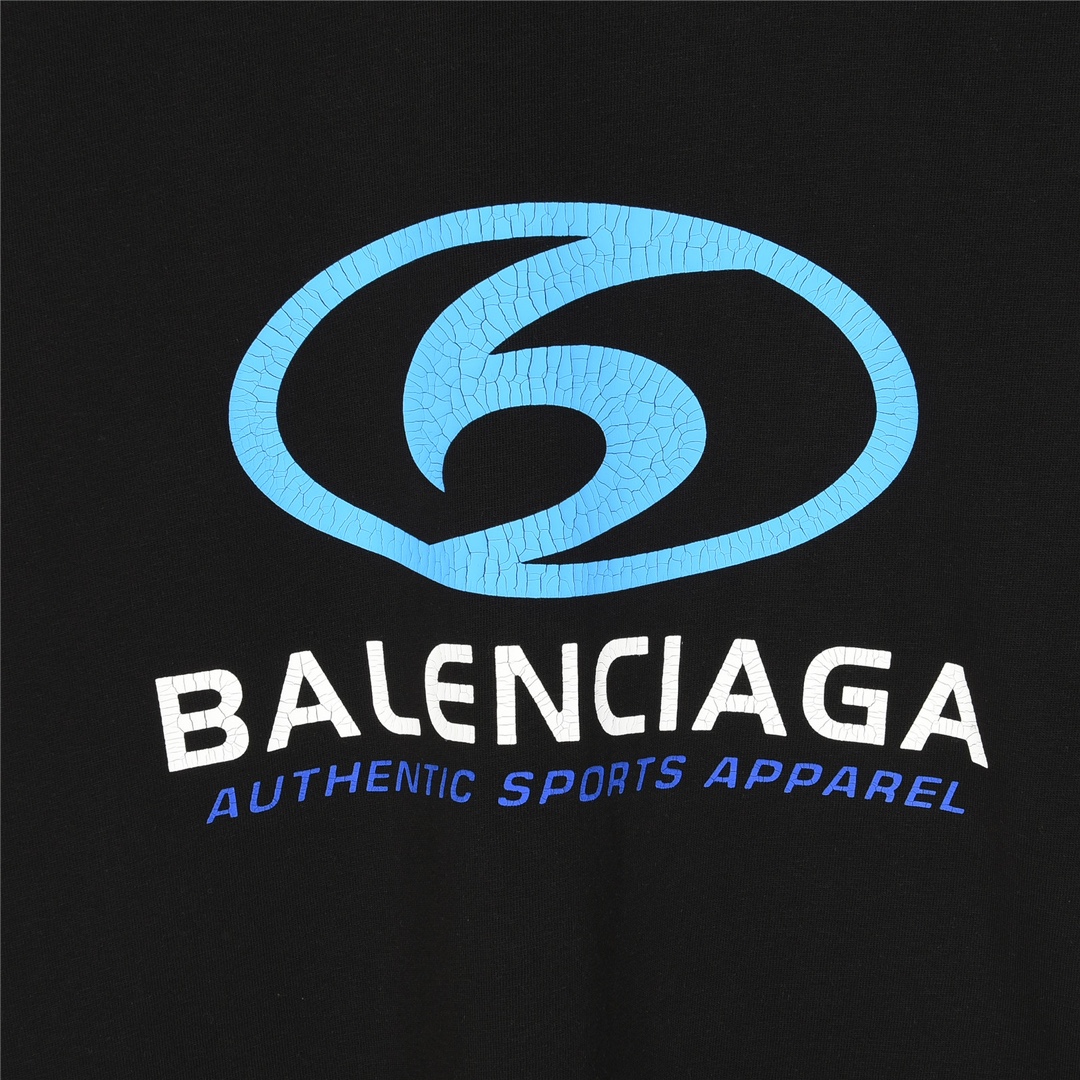 Balenciaga/巴黎世家 24ss 蓝色微标龟裂印花短袖T恤 新款洗水磨破标识图案短袖T恤