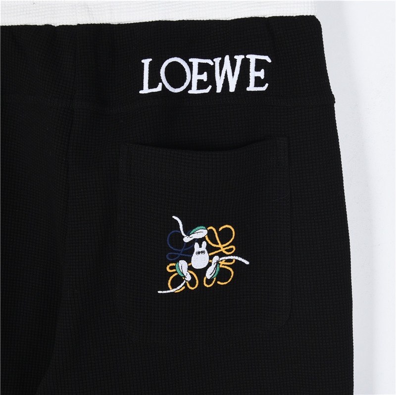 Loewe/罗意威 大口袋龙猫拼色刺绣华夫格长裤 黑色