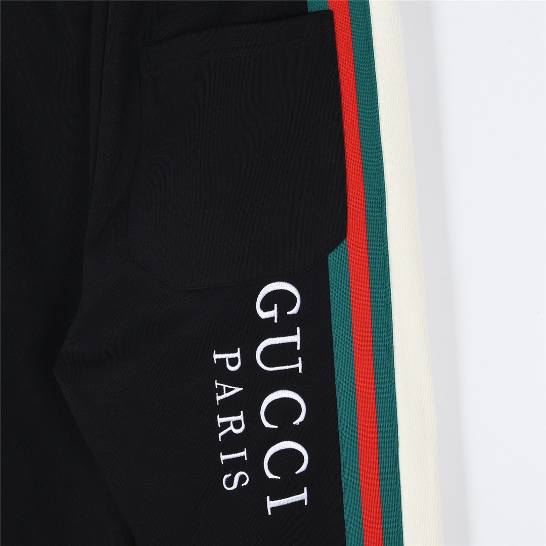 Gucci/古驰 24Fw logo刺绣三色条纹撞色织带长裤