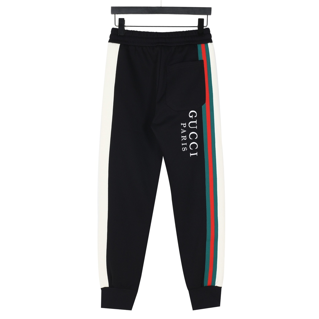 Gucci/古驰 24Fw logo刺绣三色条纹撞色织带长裤