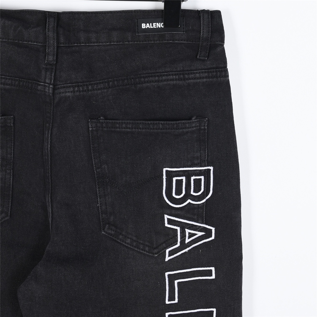 Balenciaga/巴黎世家 侧边logo字母刺绣套装牛仔裤 复古水洗牛仔