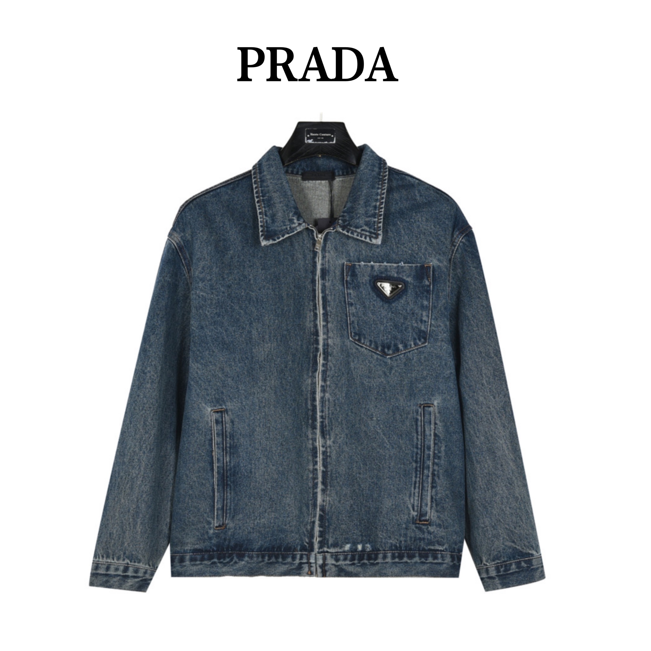 PRADA/普拉达 三角标复古水洗磨破拉链牛仔夹克外套