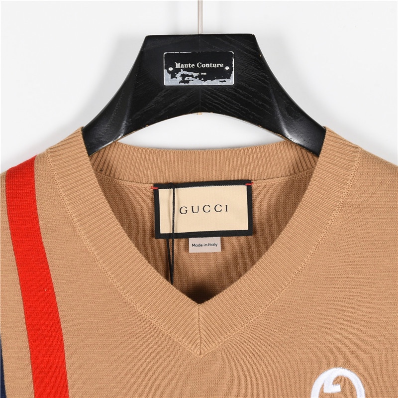 Gucci/古驰 拼色V领互扣式logo羊毛针织毛衣（