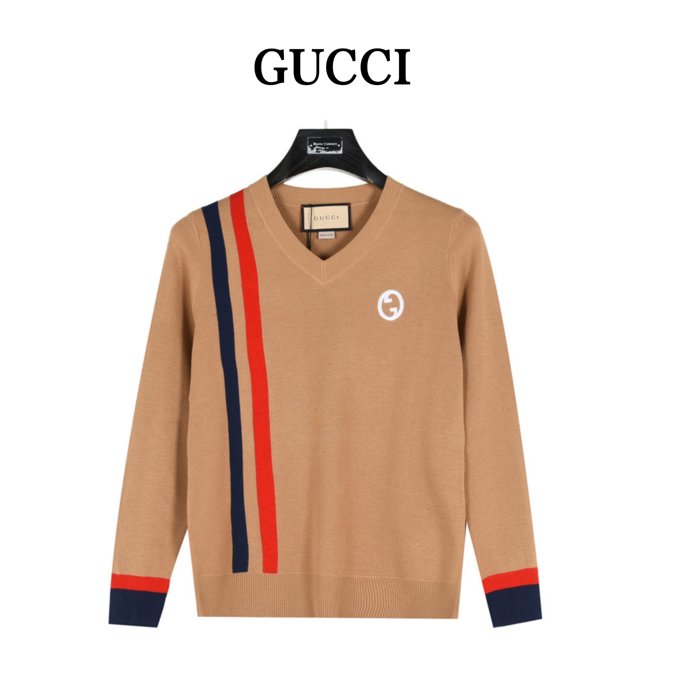 Gucci/古驰 拼色V领互扣式logo羊毛针织毛衣（