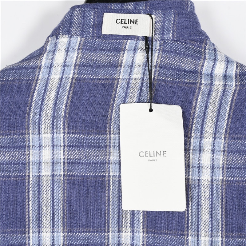 CELINE/赛琳 24Fw 蓝白撞色格纹竹节纱长袖衬衫