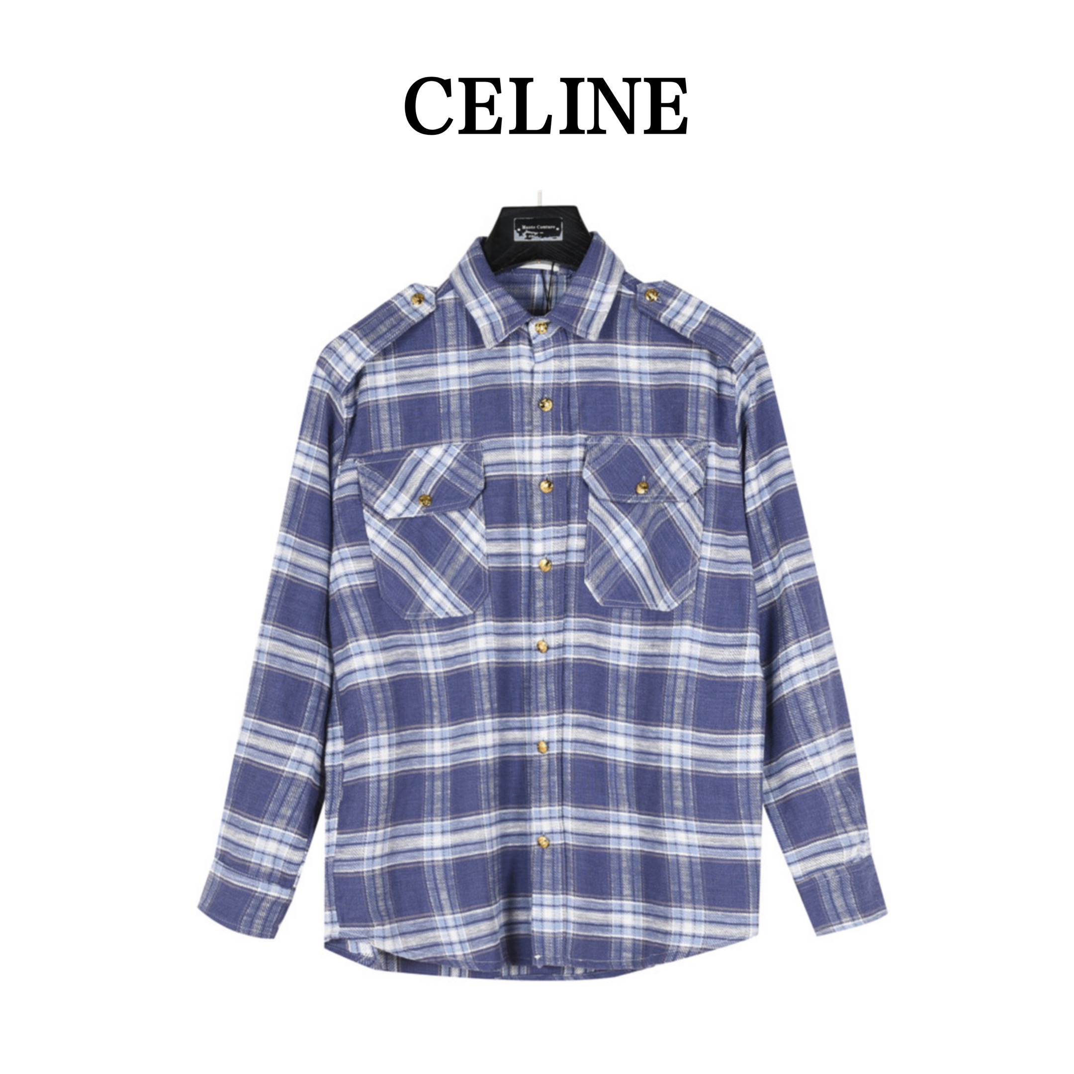 CELINE/赛琳 24Fw 蓝白撞色格纹竹节纱长袖衬衫