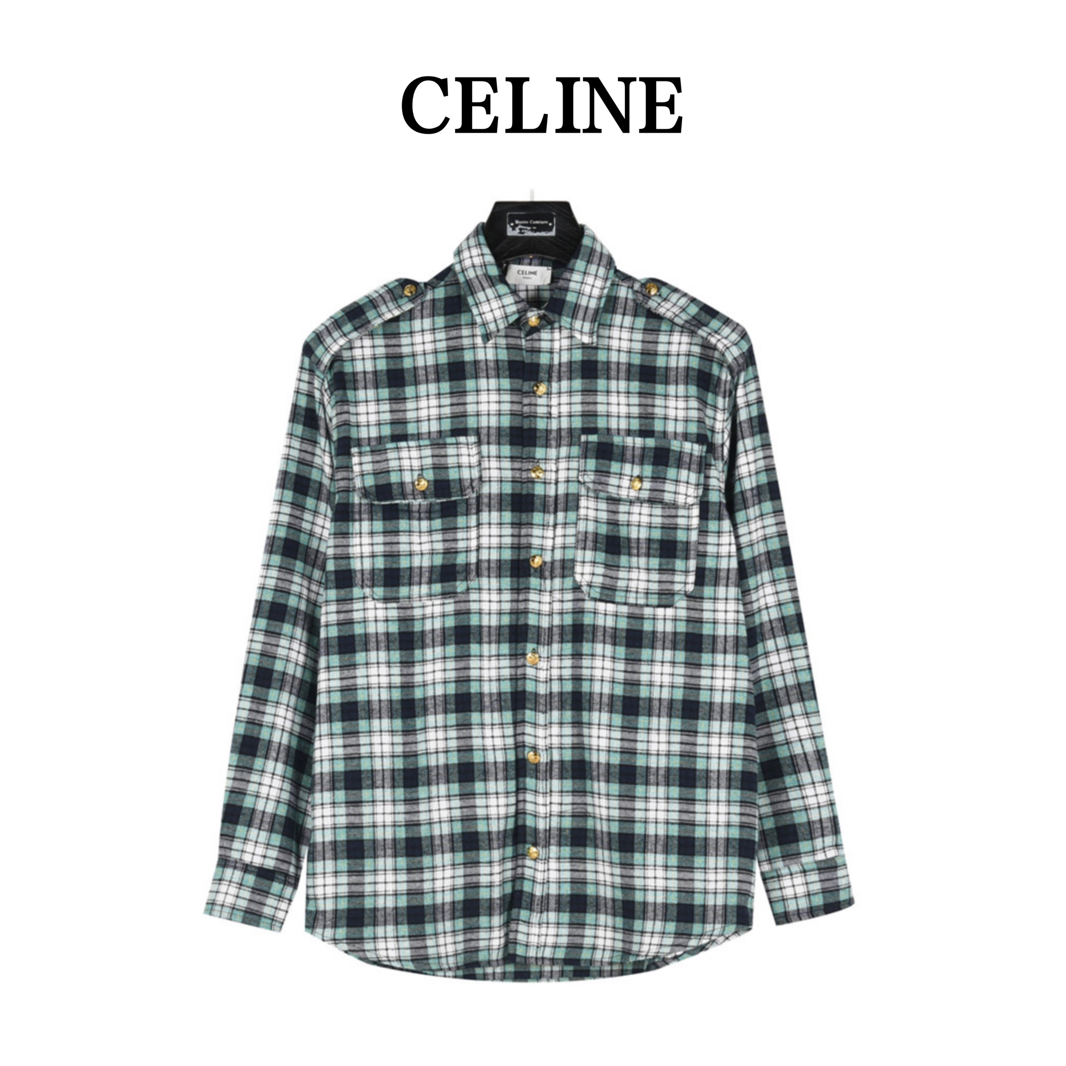 CELINE/赛琳 24Fw 绿色格纹竹节纱长袖衬衫