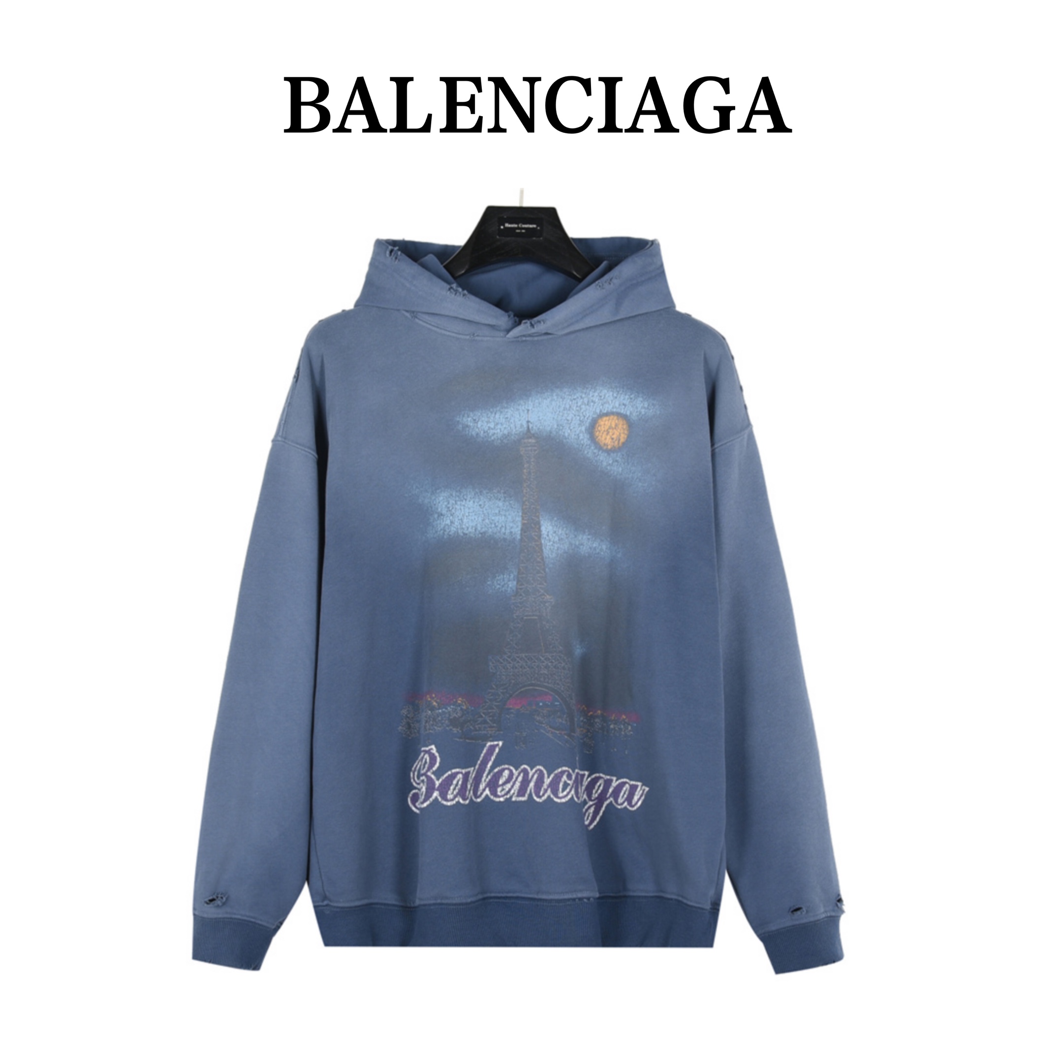 Balenciaga/巴黎世家 24Fw 铁塔喷墨涂鸦水洗做旧破坏连帽卫衣