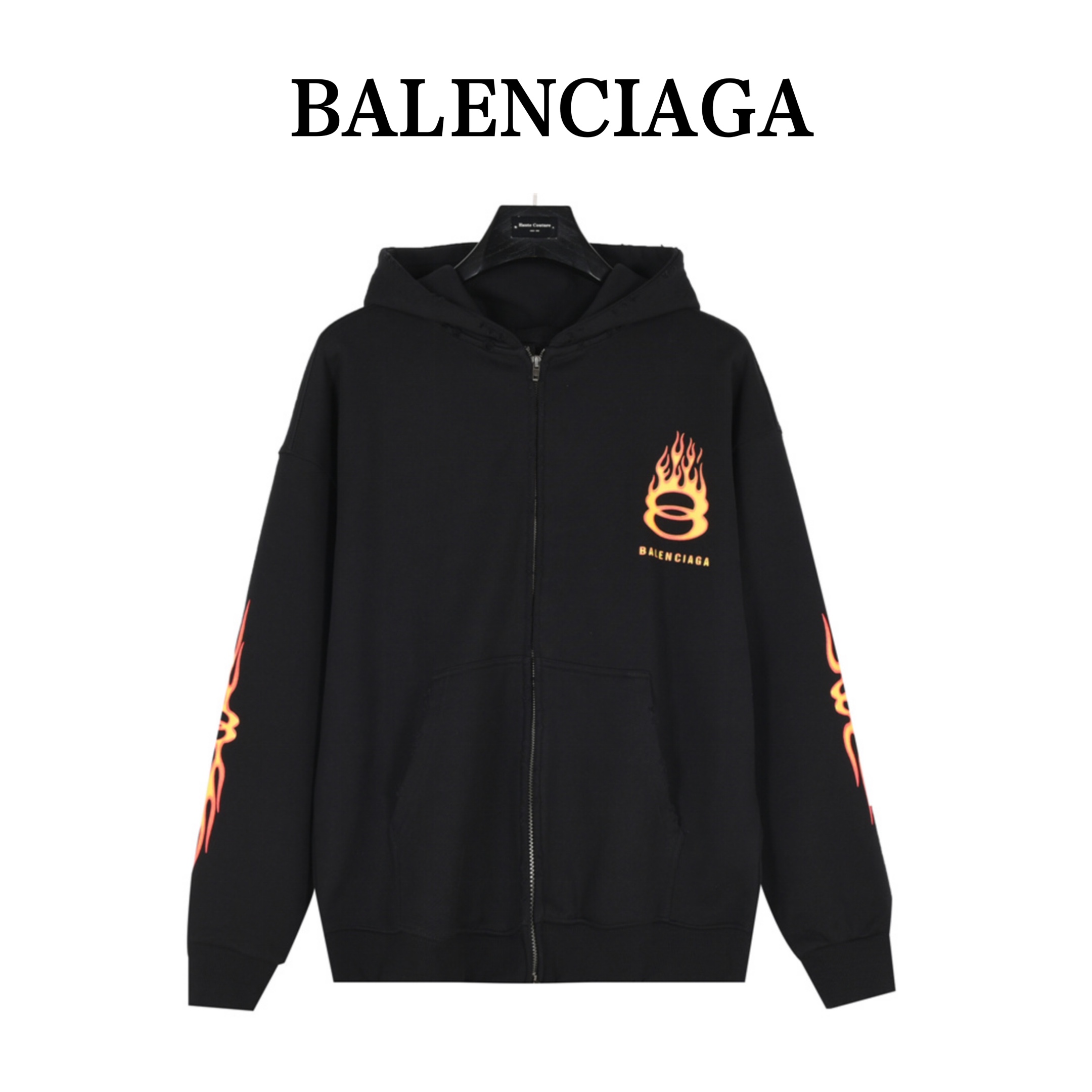 Balenciaga/巴黎世家 24Fw 双环火焰数码直喷水洗做旧连帽拉链外套