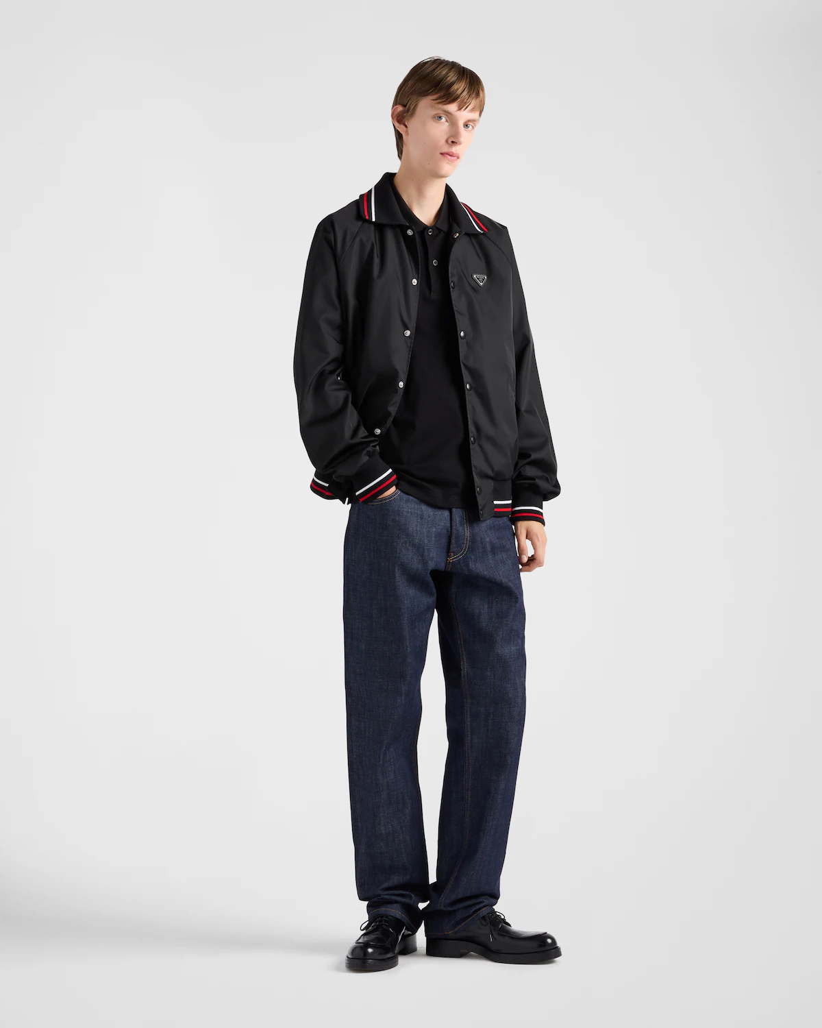 Prada/普拉达 25SS撞色条纹胸前刺绣logo短袖polo衫 上身效果#
