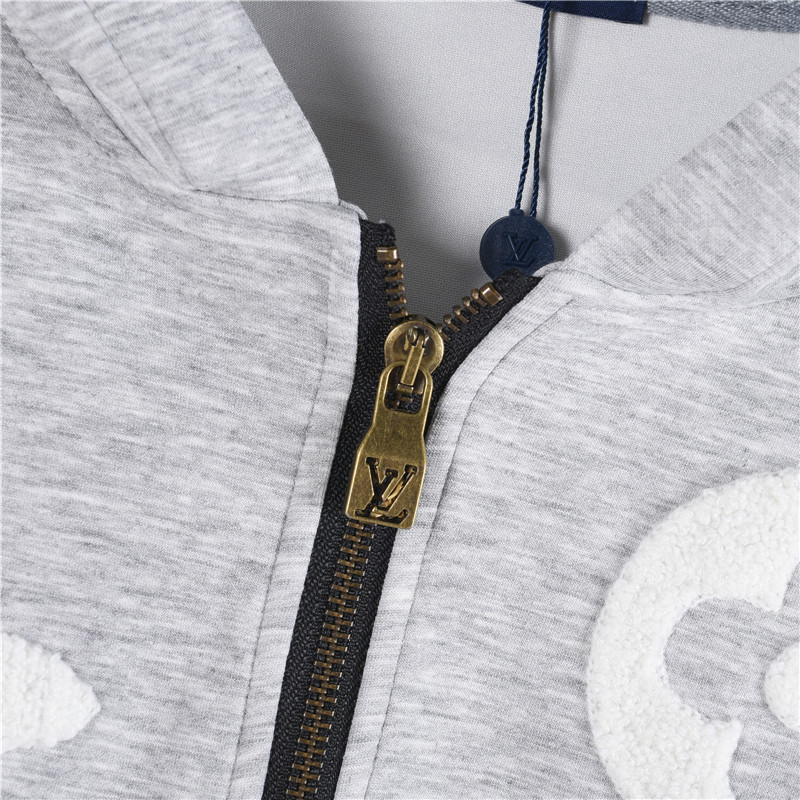 LouisVuitton/路易威登 全身定制字母烧花毛巾绣拉链连帽夹克外套灰色