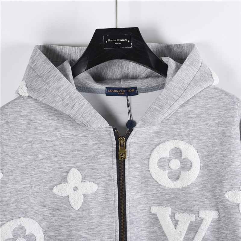 LouisVuitton/路易威登 全身定制字母烧花毛巾绣拉链连帽夹克外套灰色