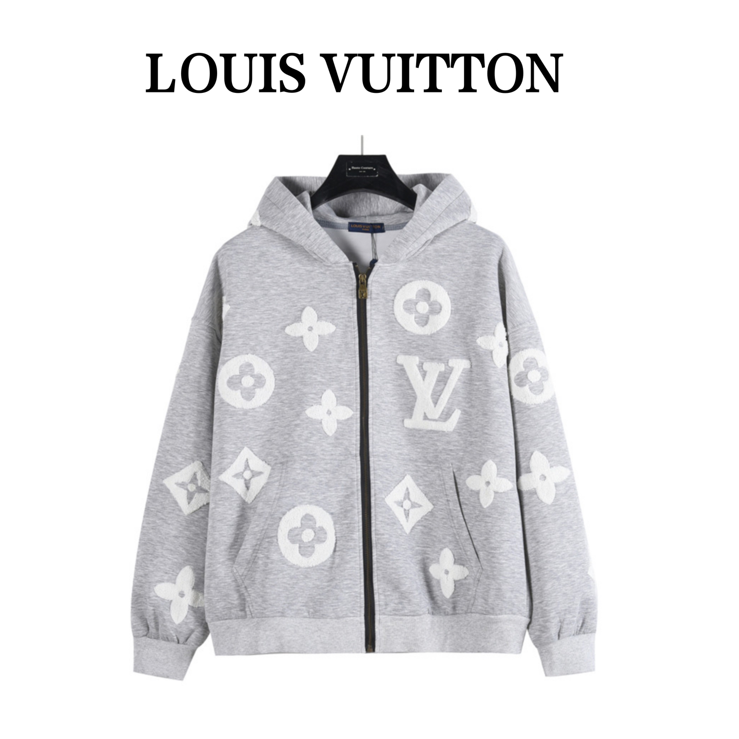 LouisVuitton/路易威登 全身定制字母烧花毛巾绣拉链连帽夹克外套灰色