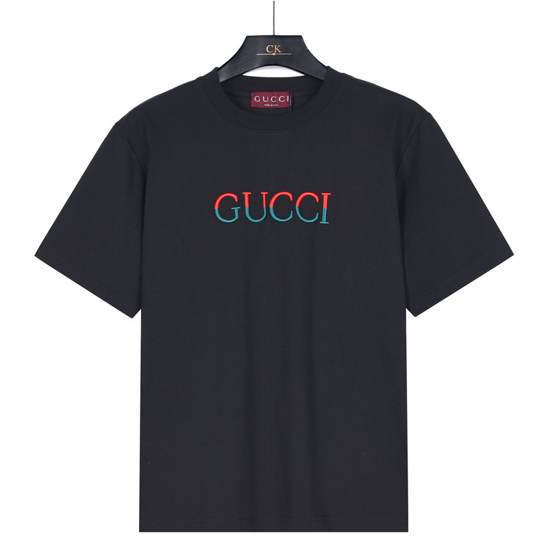 Gucci/古驰 红绿拼接刺绣字母短袖T恤 米杏 黑色
