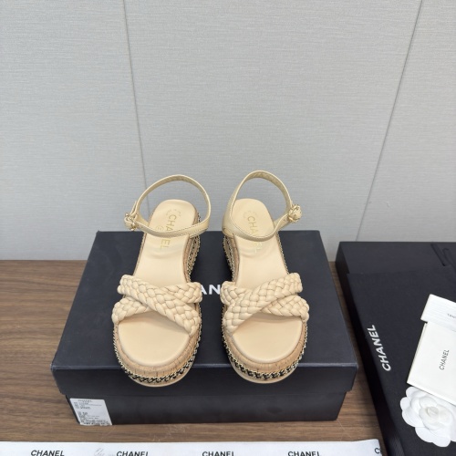 Chanel Women's Espadrille Wedge Sandals Beige Braided Leather Summer Shoes