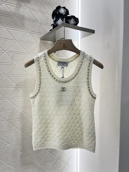 Chanel Women's Wool Knit Vest with Leather Chain Trim and CC Logo 1 Chanel Women's Wool Knit Vest with Leather Chain Trim and CC Logo