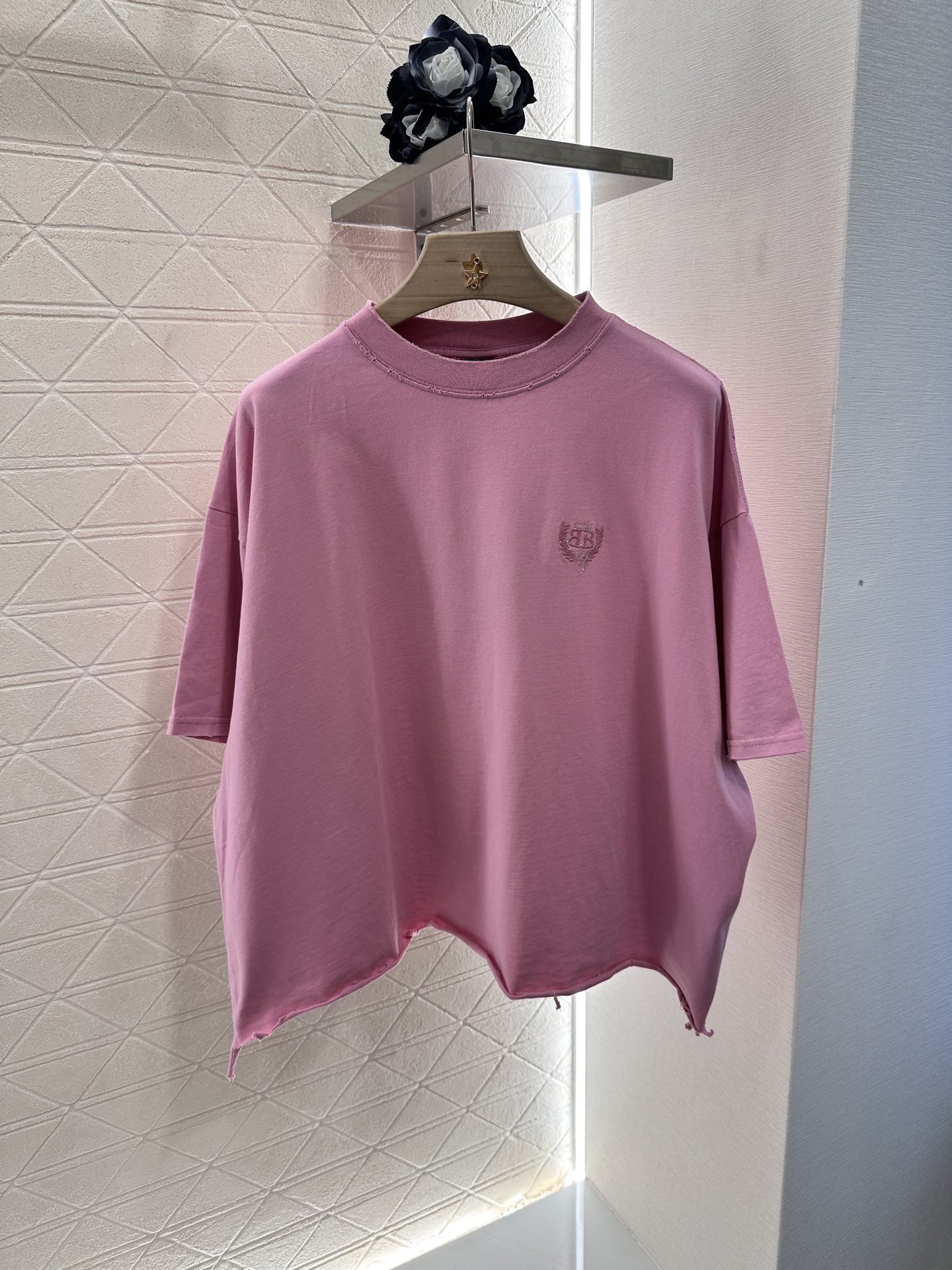 Balenciaga Women's Pink Round Neck Distressed Hem Logo Cotton T-Shirt