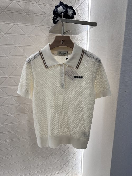 Miu Miu Women's White Crochet Knit Polo Shirt with Embroidered Logo 1 Miu Miu Women's White Crochet Knit Polo Shirt with Embroidered Logo