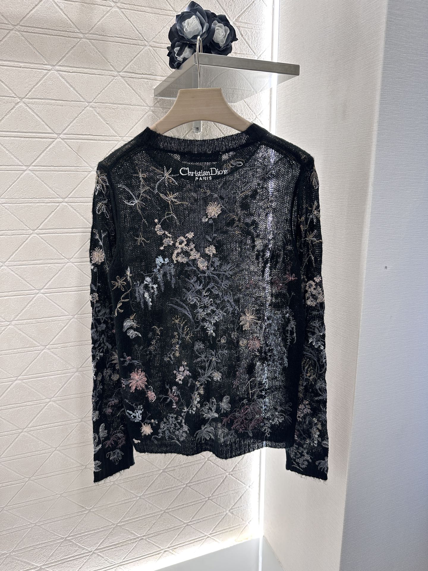 Dior Embroidered Floral Mohair Knit Top, Lightweight Black Sweater, Sheer 2 i1746635173504 4302 0 1