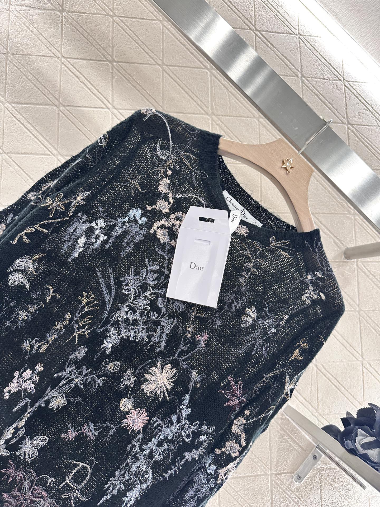 Dior Embroidered Floral Mohair Knit Top, Lightweight Black Sweater, Sheer 3 i1746635173658 1282 0 2