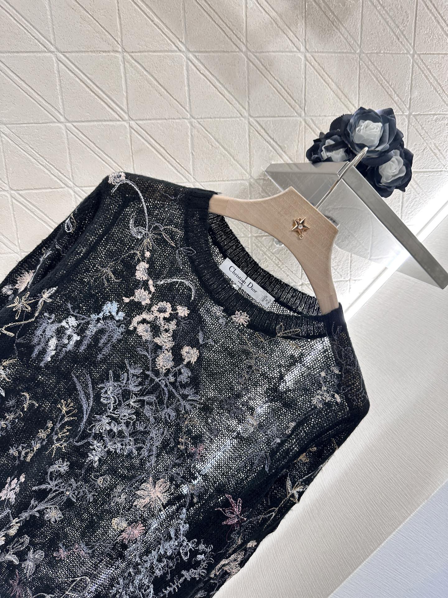 Dior Embroidered Floral Mohair Knit Top, Lightweight Black Sweater, Sheer 6 i1746635173715 9665 0 4