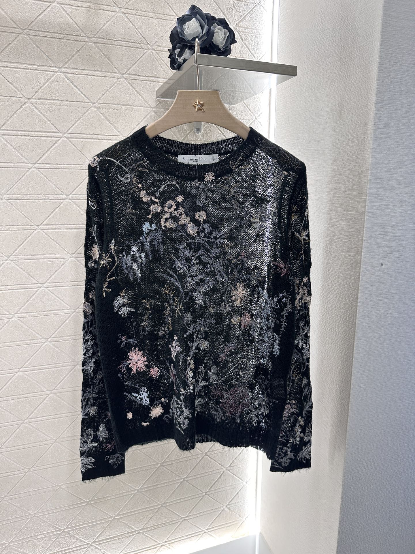 Dior Embroidered Floral Mohair Knit Top, Lightweight Black Sweater, Sheer 1 i1746635174825 7697 0 0