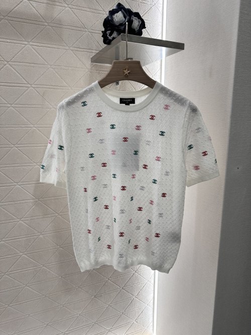 Chanel Embroidered Two-Tone Knit Top - Cotton Blend, Short Sleeves 1 Chanel Embroidered Two-Tone Knit Top - Cotton Blend, Short Sleeves