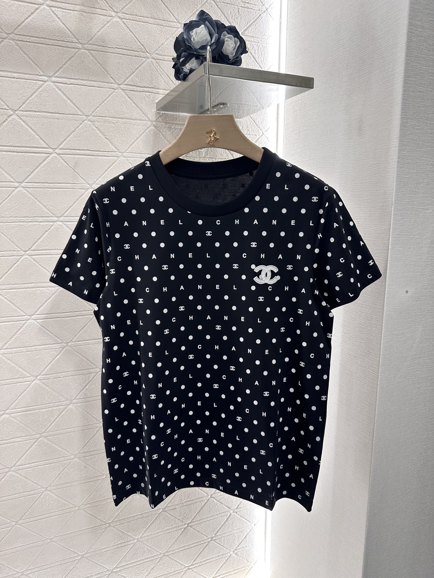 Chanel Women's Black and White Polka Dot Logo Print Crewneck T-Shirt