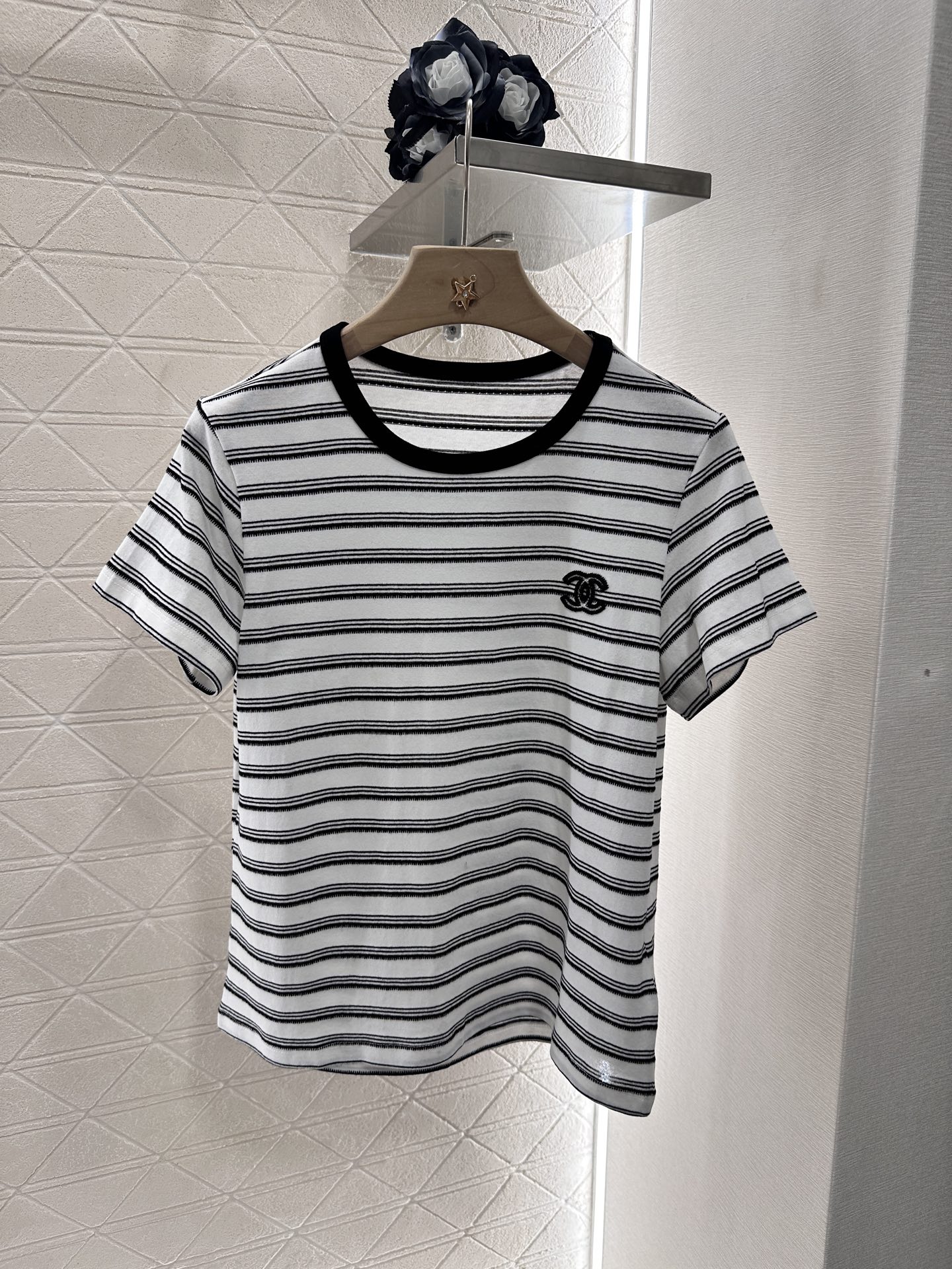 Chanel 2025 Striped T-Shirt Linen-Cotton Blend with Velvet Detailing