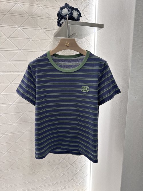 Chanel Striped T-Shirt with CC Logo, Round Neck, Short Sleeves, Relaxed Fit 1 Chanel Striped T-Shirt with CC Logo, Round Neck, Short Sleeves, Relaxed Fit