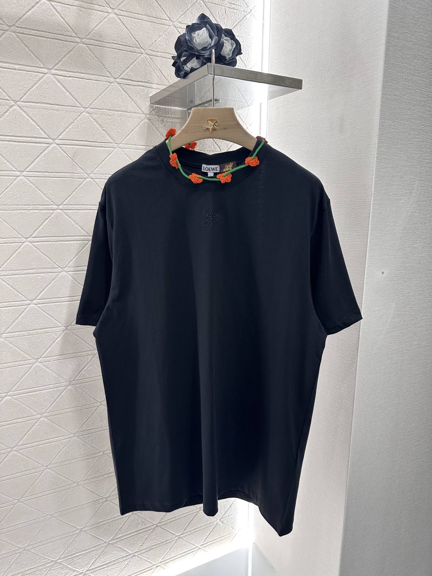 Loewe Black Cotton T-Shirt with Flower Embroidery & Oversized Fit